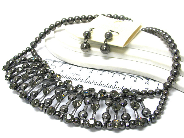 Multi crystal and metal ball link bib style multi ball chain necklace earring set