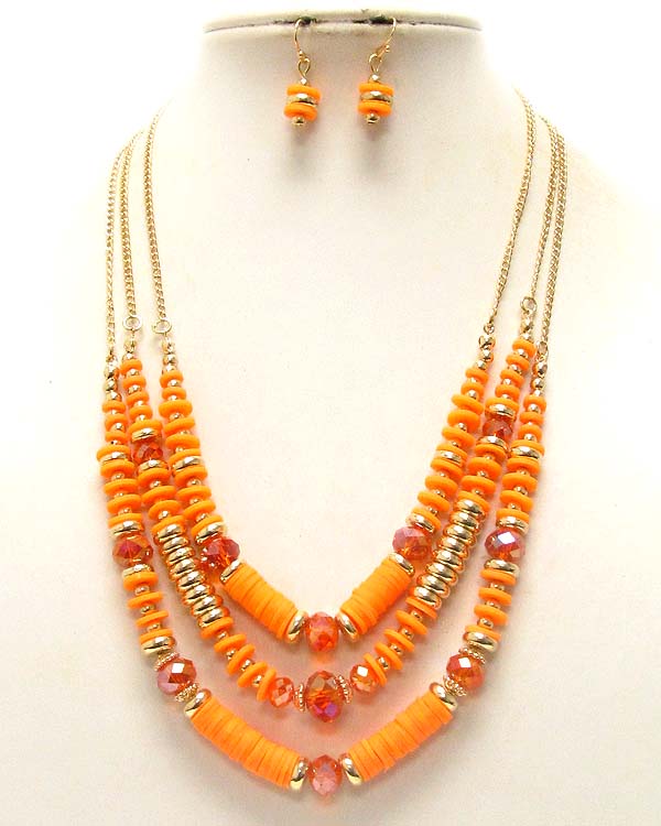 Multi colored rubber and metal with crystal glass three layer drop chain necklace earring set