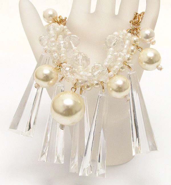 Crystal glass and pearl and chain with clear acryl triangle bars drop dangle toggle bracelet