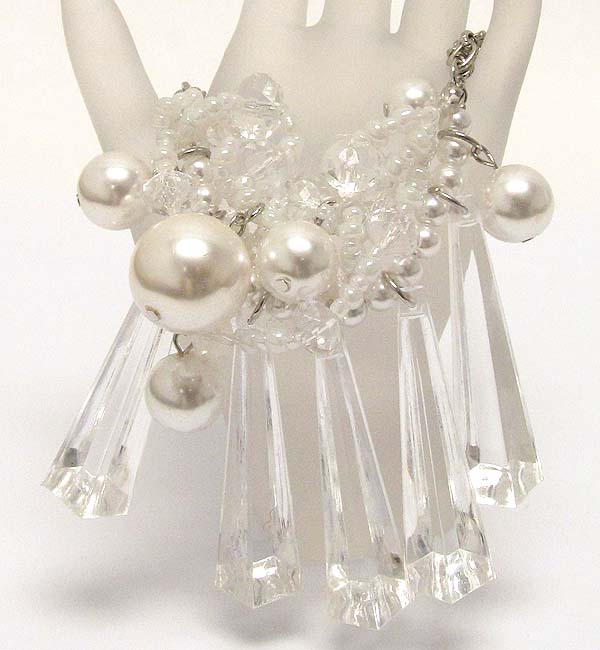 Crystal glass and pearl and chain with clear acryl triangle bars drop dangle toggle bracelet