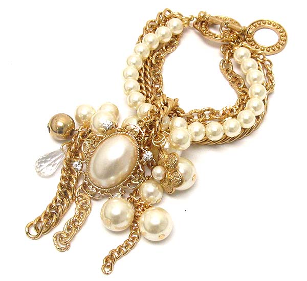 Crystal oval metal pearl and multi twist chain with multi pearl drop crystal metal flower charm dangle pearl toggle bracelet