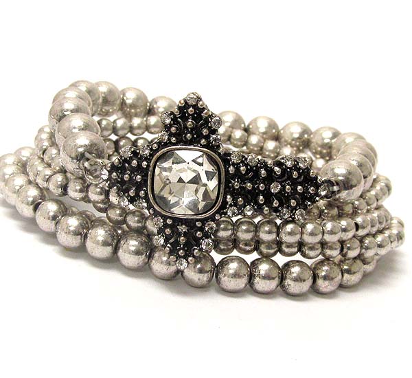 Square crystal metal textered cross and muti metal balls stretch bracelet set of 5