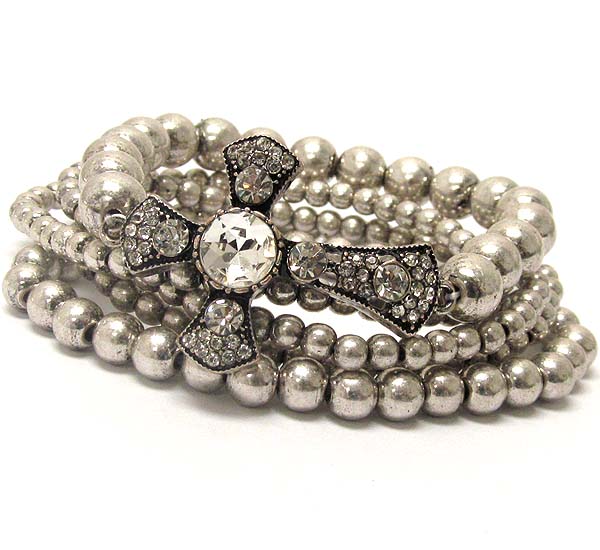 Round crystal metal textered cross and muti metal balls stretch bracelet set of 5