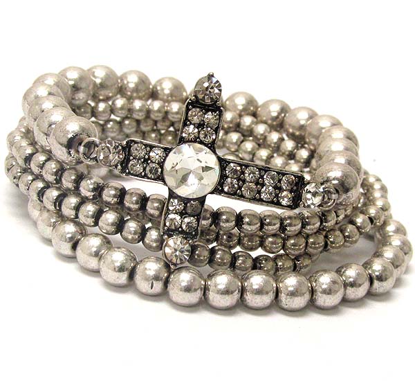 Round crystal metal textered cross and muti metal balls stretch bracelet set of 5