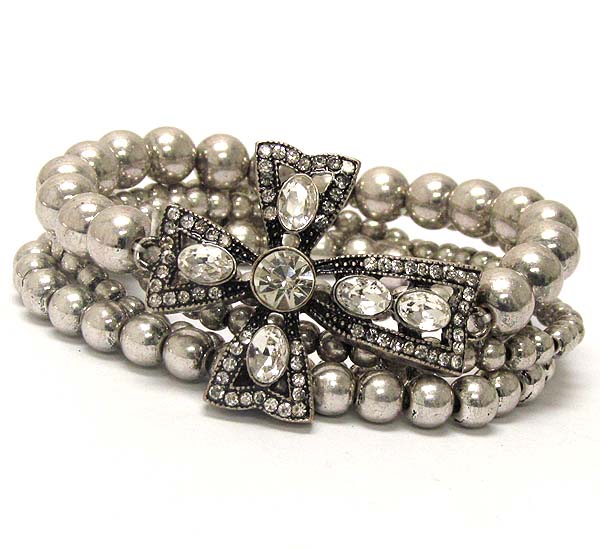 Oval crystal metal textered cross and muti metal balls stretch bracelet set of 5