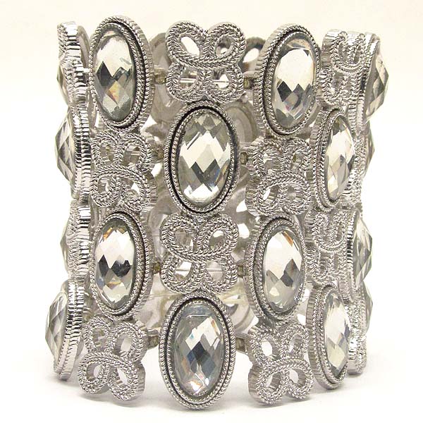 Extra tall crystal ovals and textered metal flowers stretch bracelet