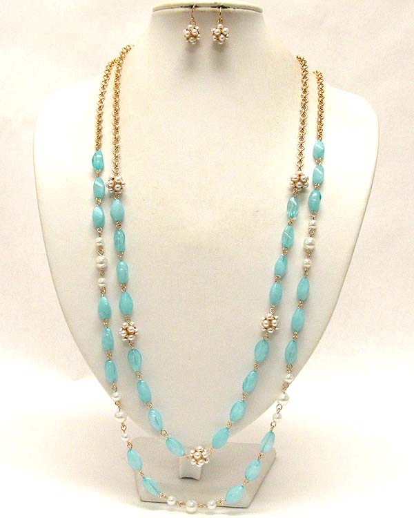 Two layers  and multi acryl oval patern with pearl balls drop long chain necklace earring set