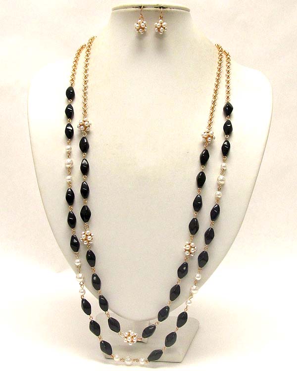 Two layers  and multi acryl oval patern with pearl balls drop long chain necklace earring set