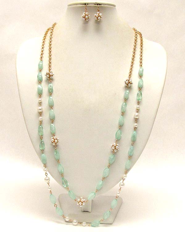 Two layers  and multi acryl oval patern with pearl balls drop long chain necklace earring set