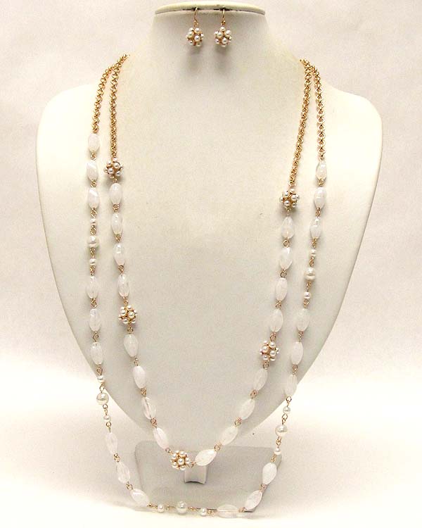 Two layers  and multi acryl oval patern with pearl balls drop long chain necklace earring set