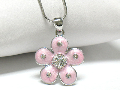 Made in korea whitegold plating crystal and enamel flower necklace