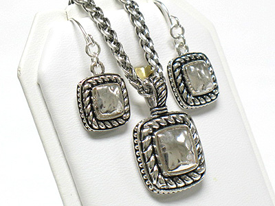 Glass stone metal casting square pendant neckalce and earring set