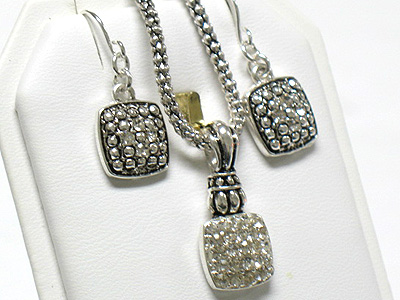 Metal casting crystal stud square pendant neckalce and earring set