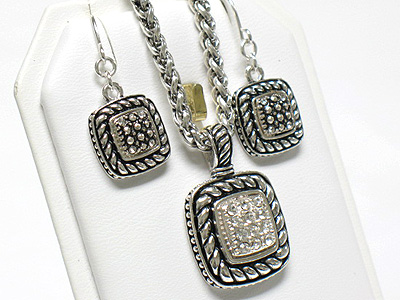 Metal casting crystal stud square pendant neckalce and earring set