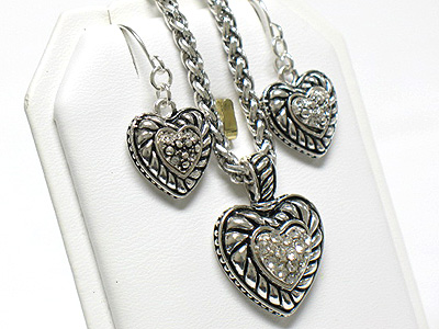 Metal casting crystal stud heart pendant neckalce and earring set