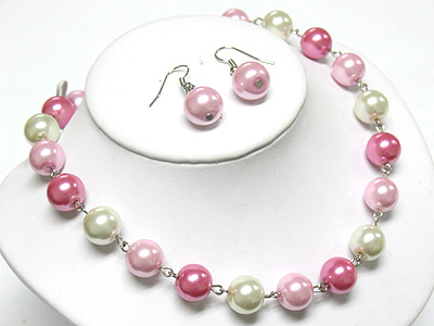 Pearl beads ball link long neckalce and earring set