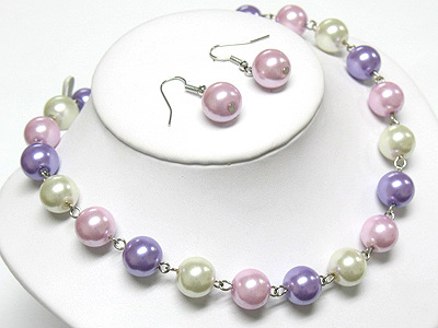 Pearl beads ball link long neckalce and earring set