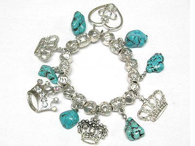 Turquoise stone and crown charm dangle stretch bracelet