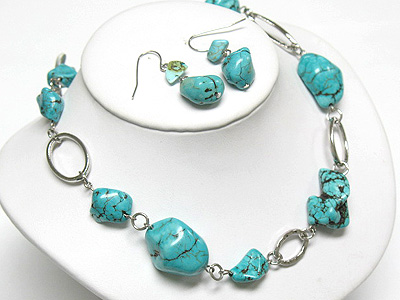 Turquoise stone and metal chain link neckalce and earring set