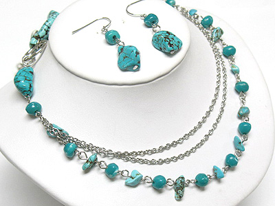 Turquoise stone and metal chain link multi strand neckalce and earring set