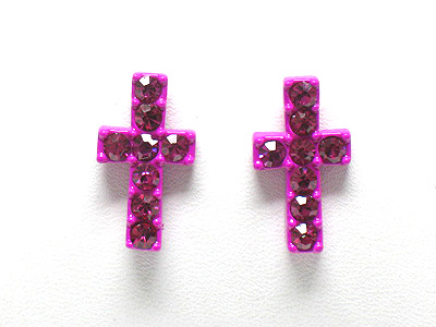 Crystal stud enameled metal cross earring