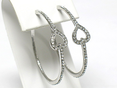 Crystal stud heart accent metal hoop earring - hoops