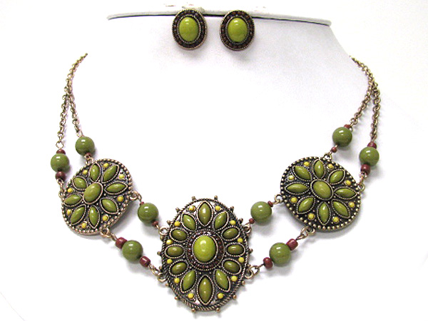 Natural stone deco round disk link necklace earring set