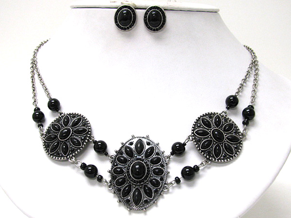 Natural stone deco round disk link necklace earring set