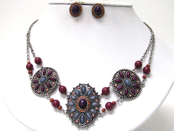 Natural stone deco round disk link necklace earring set