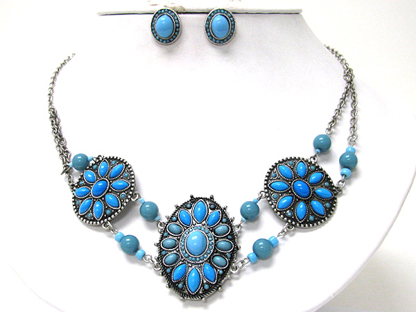 Natural stone deco round disk link necklace earring set