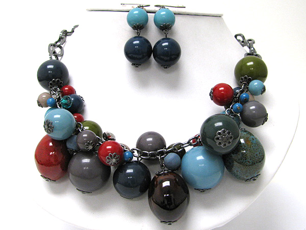 Glass and ceramic mixed balls dangle necklace earring set