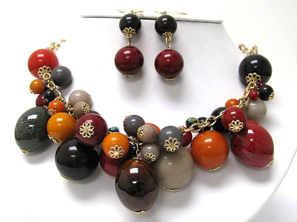 Glass and ceramic mixed balls dangle necklace earring set