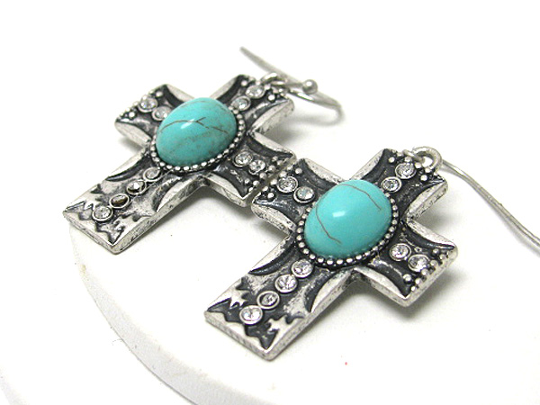 Turquoise and crystal stud cross earring