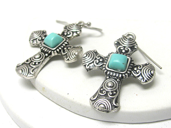 Turquoise and crystal stud cross earring