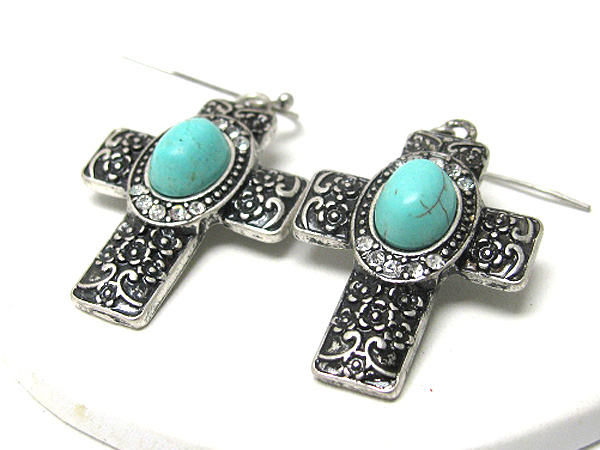 Turquoise and crystal stud cross earring