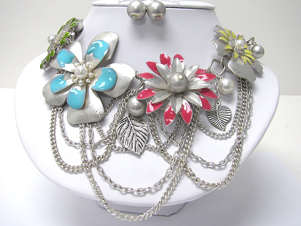 Multi metal flower and chain hanging necklace earring set