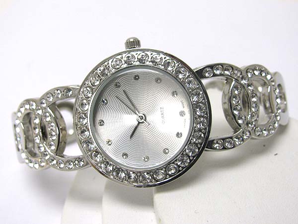 Crystal stud round face crystal stud metal hoop link watch