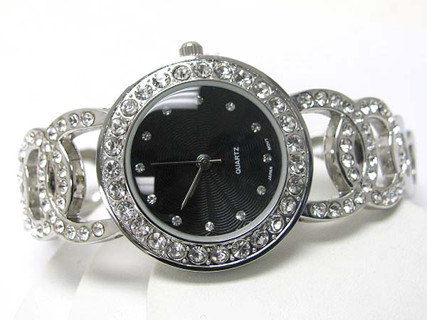 Crystal stud round face crystal stud metal hoop link watch