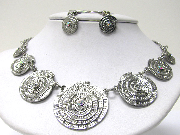 Crystal stud swirl metal disk link necklace earring set