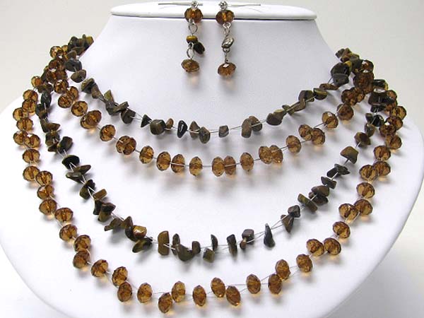 Multi row facet glass stpne and natural chip stone necklace set