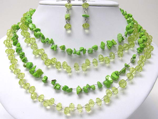 Multi row facet glass stpne and natural chip stone necklace set