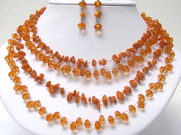 Multi row facet glass stpne and natural chip stone necklace set