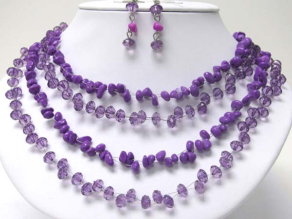 Multi row facet glass stpne and natural chip stone necklace set