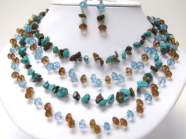 Multi row facet glass stpne and natural chip stone necklace set