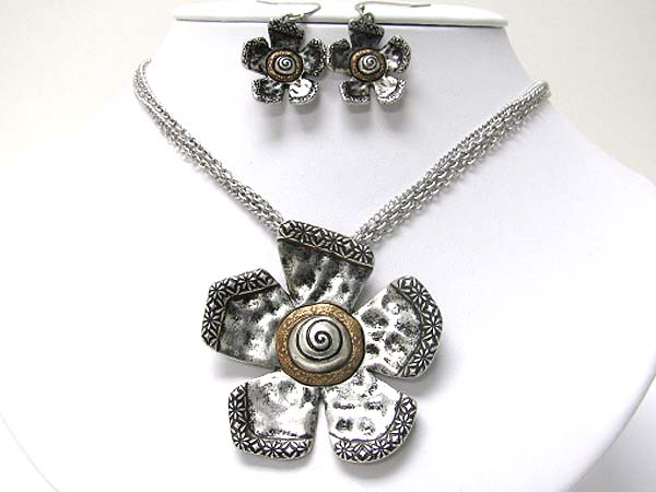 Burnish textured metal flower pendant necklace earring set