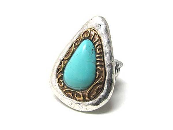 Turquoise and burnish textured metal stretch ring