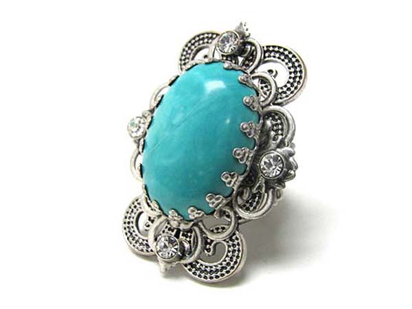 Turquoise and crystal deco filigree flower stretch ring