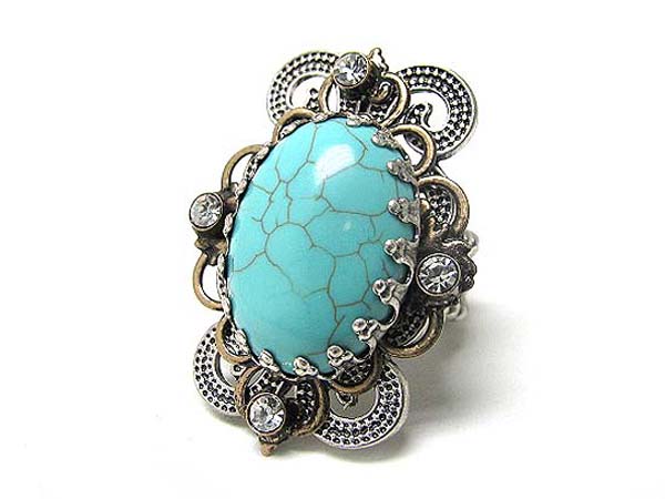 Turquoise and crystal deco filigree flower stretch ring