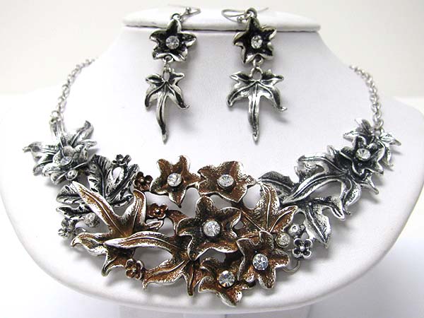 Crystal center multi metal flower deco necklace earring set