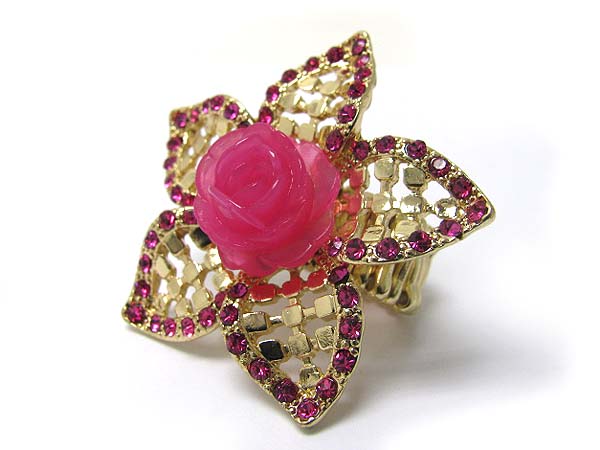 Acrylic rose and crystal deco flower stretch ring